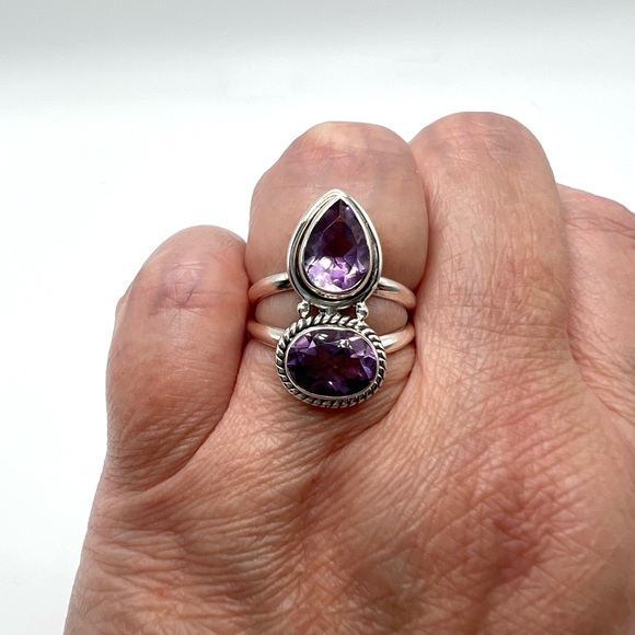 Genuine Faceted Amethyst Oval & Tear Drop .925 Sterling Silver Ring - Picture 17 of 17
